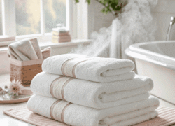 Elegant white hotel towels neatly arranged on a marble countertop, with a gold‑toned hotel logo embroidered.