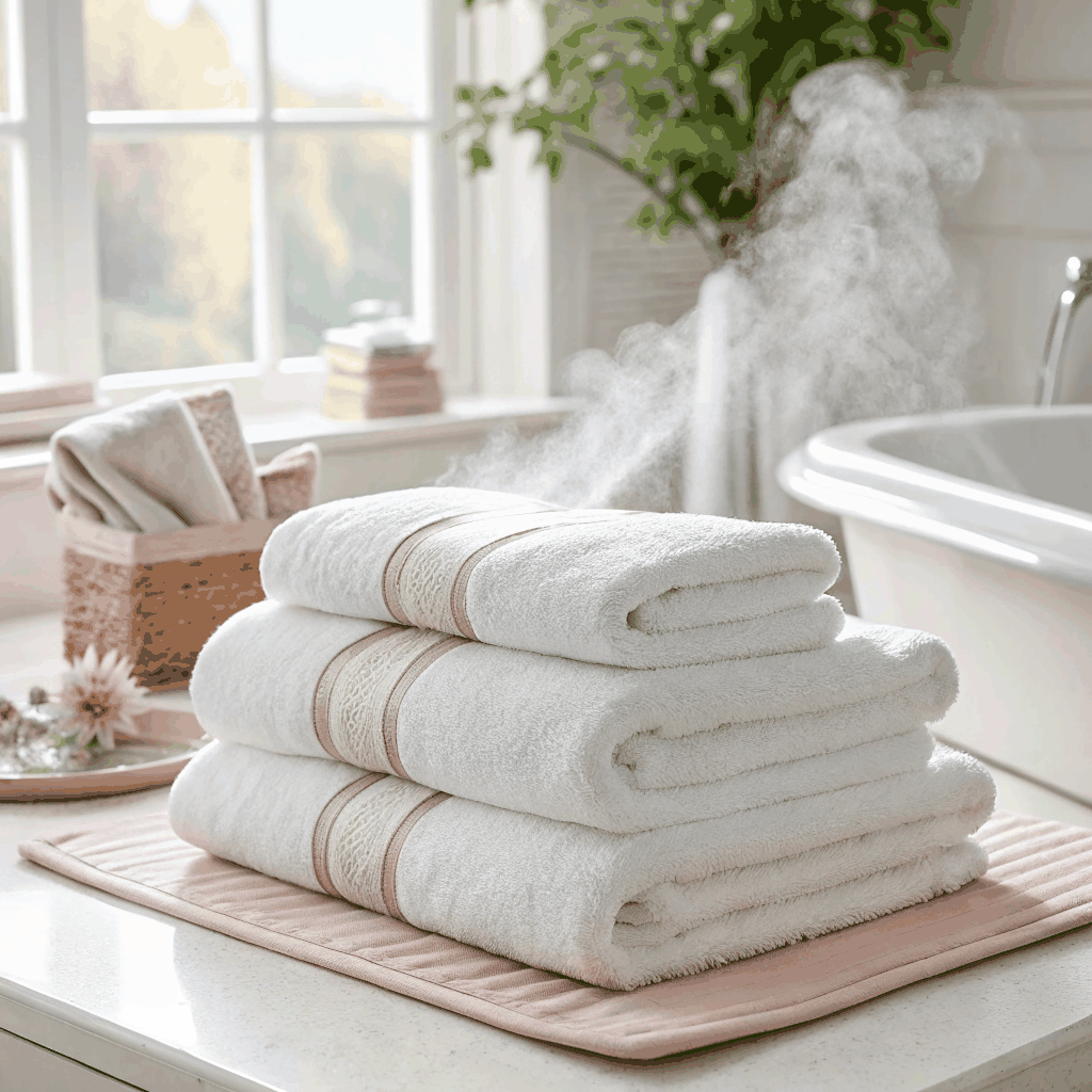 Elegant white hotel towels neatly arranged on a marble countertop, with a gold‑toned hotel logo embroidered.