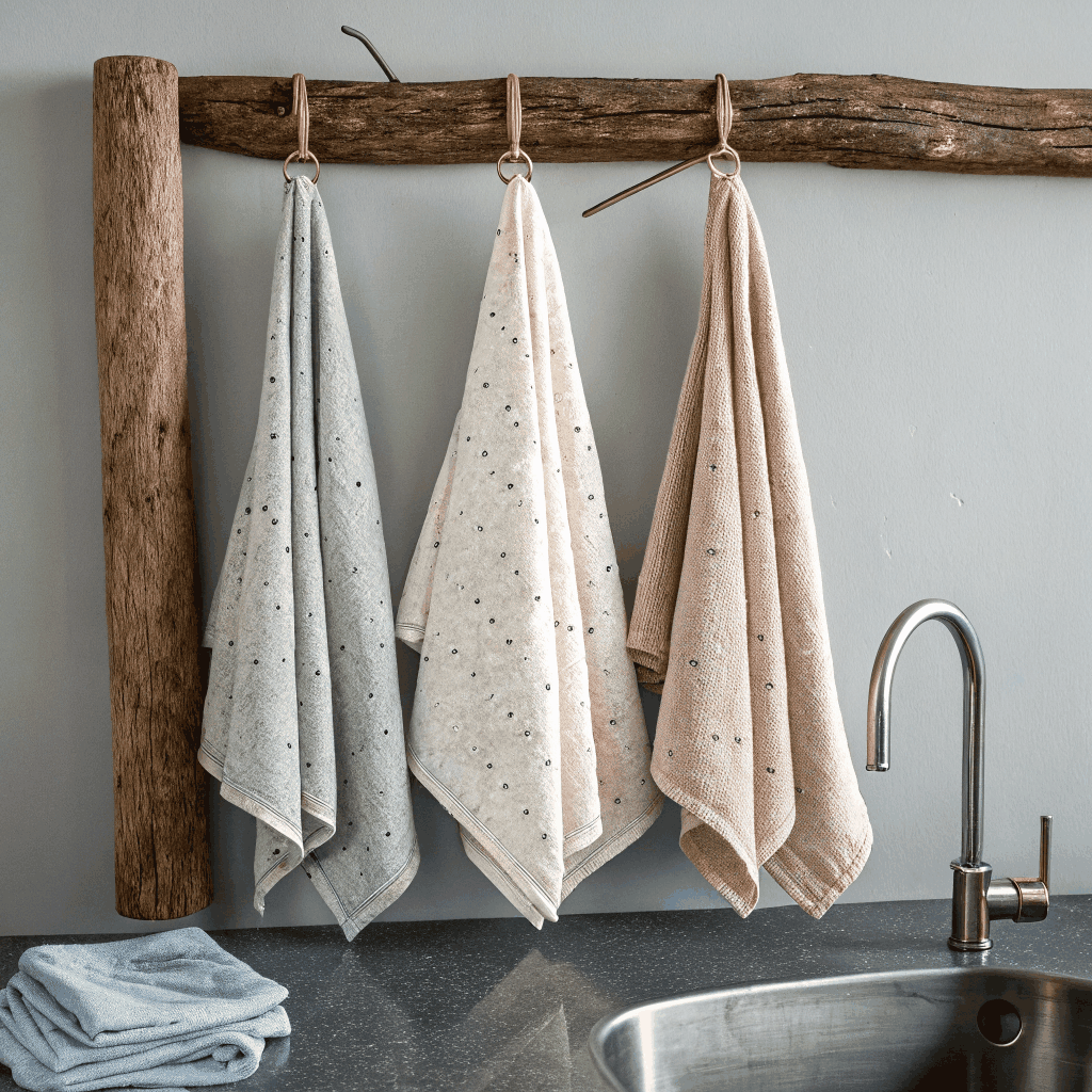 Three kitchen towels hanging from a stainless steel rack in a bright commercial kitchen, each towel white with a dark navy embroidered pattern, natural light from a window highlights the fabric texture.